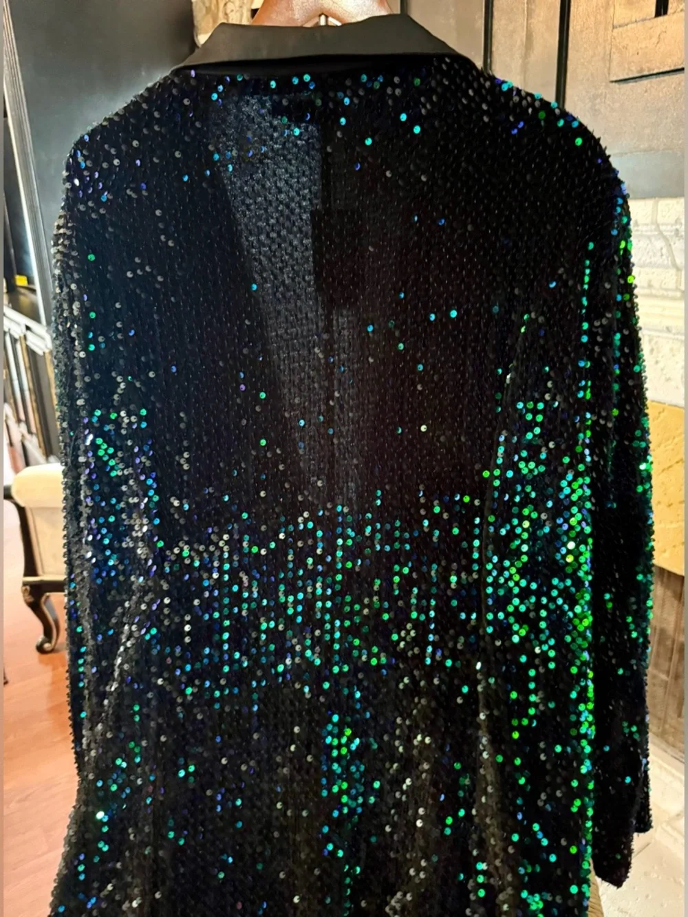 NWT Black Sequin Long Sleeve Blazer Dress with Green Iridescent Accents - Picture 5 of 6